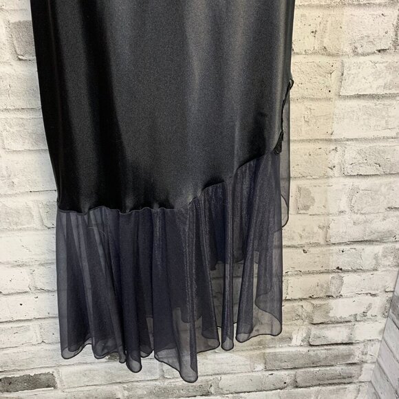 Vintage 90s Black Satin Asymmetric Sheer Ruffle Hem Maxi Slip Dress - Picture 3 of 14